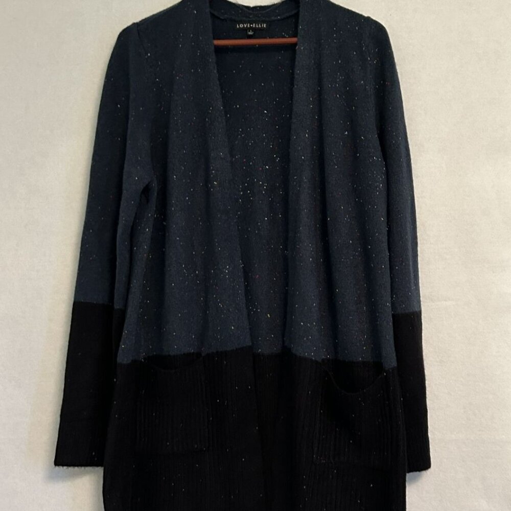 Love Ellie Long Open Cardigan Blue Black Confetti Two Pockets NWOT Size Large